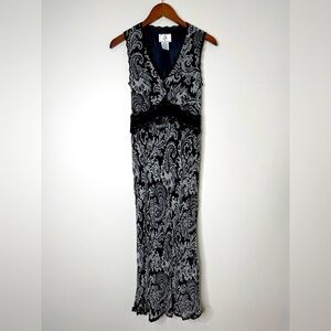 Y2K iCE Black & White 100% Silk Paisley Babydoll Sleeveless Maxi Dress‎ Sz 6